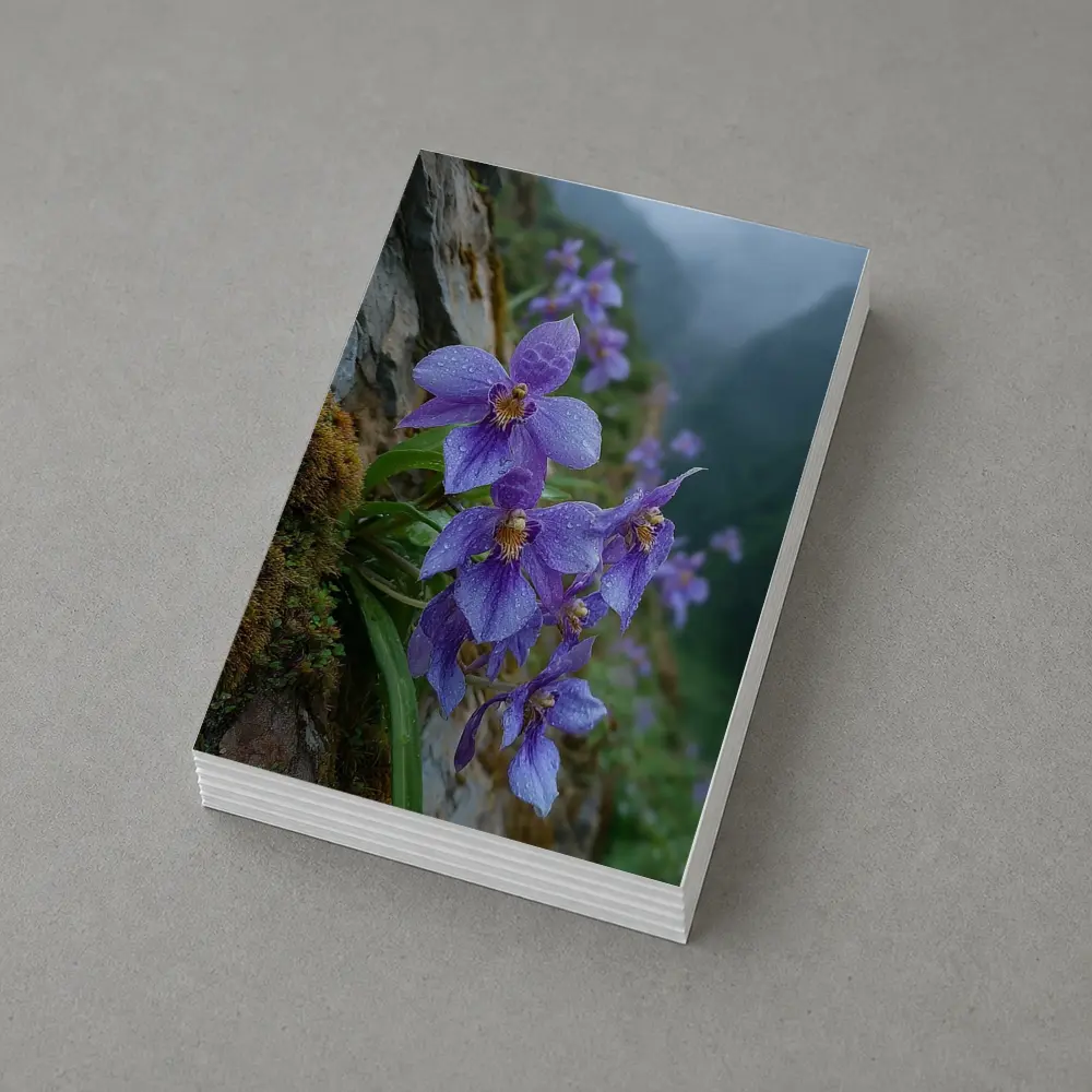 Purple Orchids Growing on Misty Mountain Cliff – Postcards