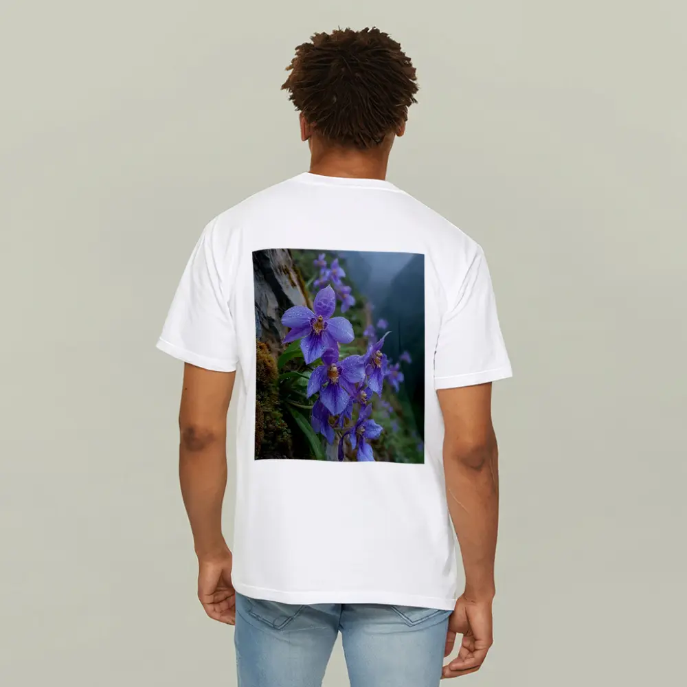 Purple Orchids Growing on Misty Mountain Cliff – T-Shirts
