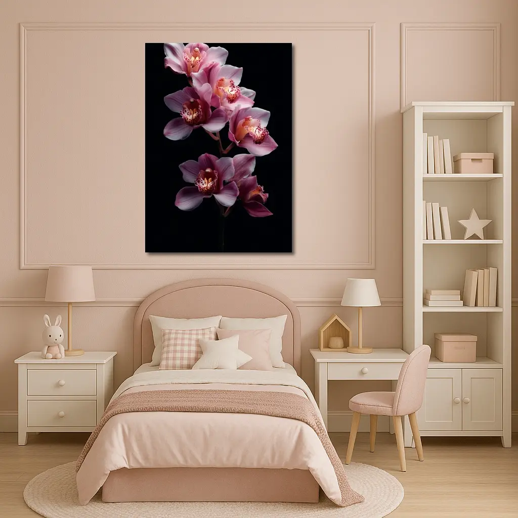 Pink Cymbidium Orchid Flowers Black Background – Wall Art