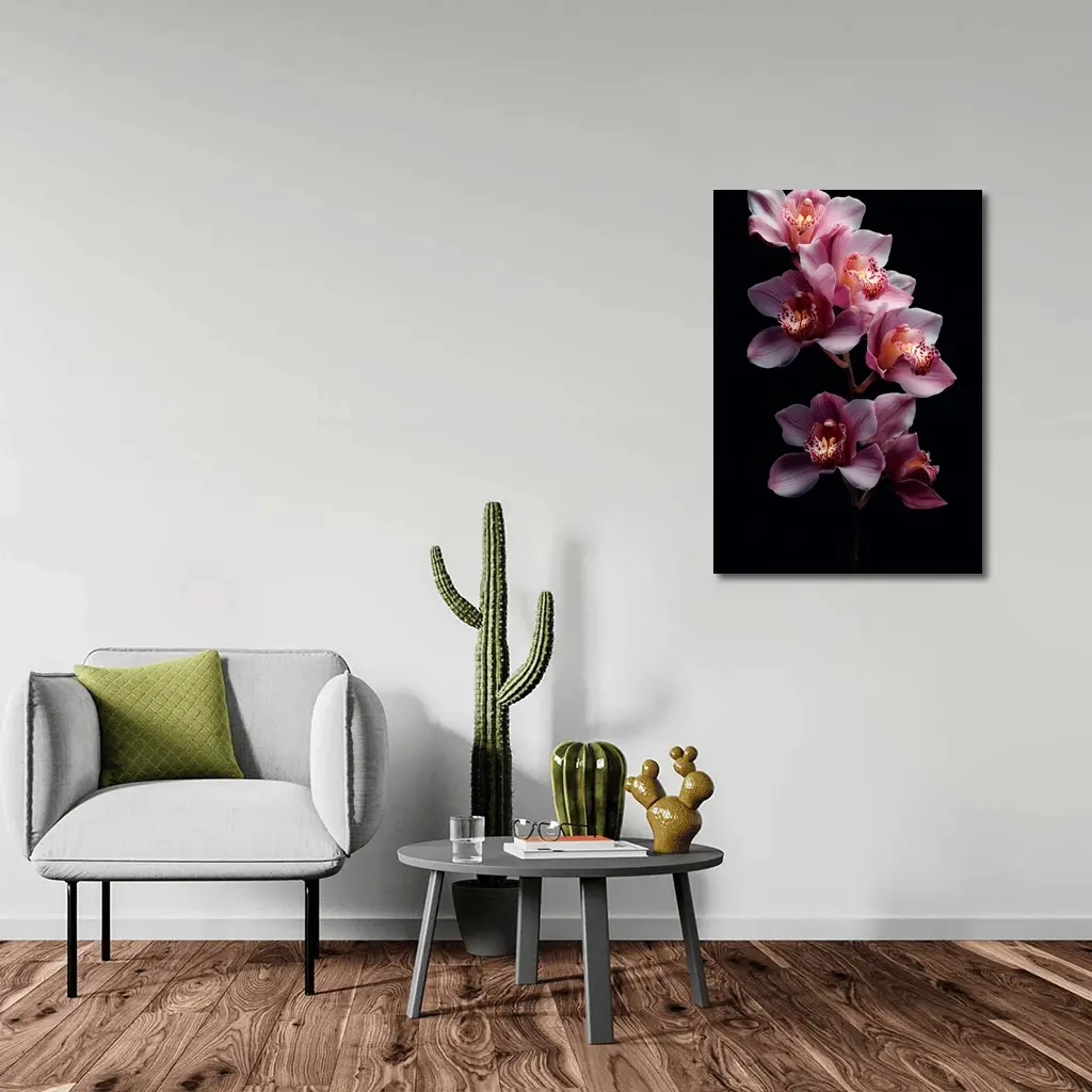 Pink Cymbidium Orchid Flowers Black Background – Wall Art
