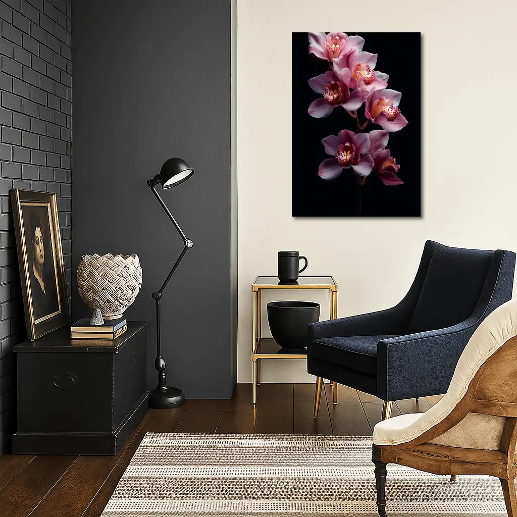 Pink Cymbidium Orchid Flowers Black Background – Wall Art