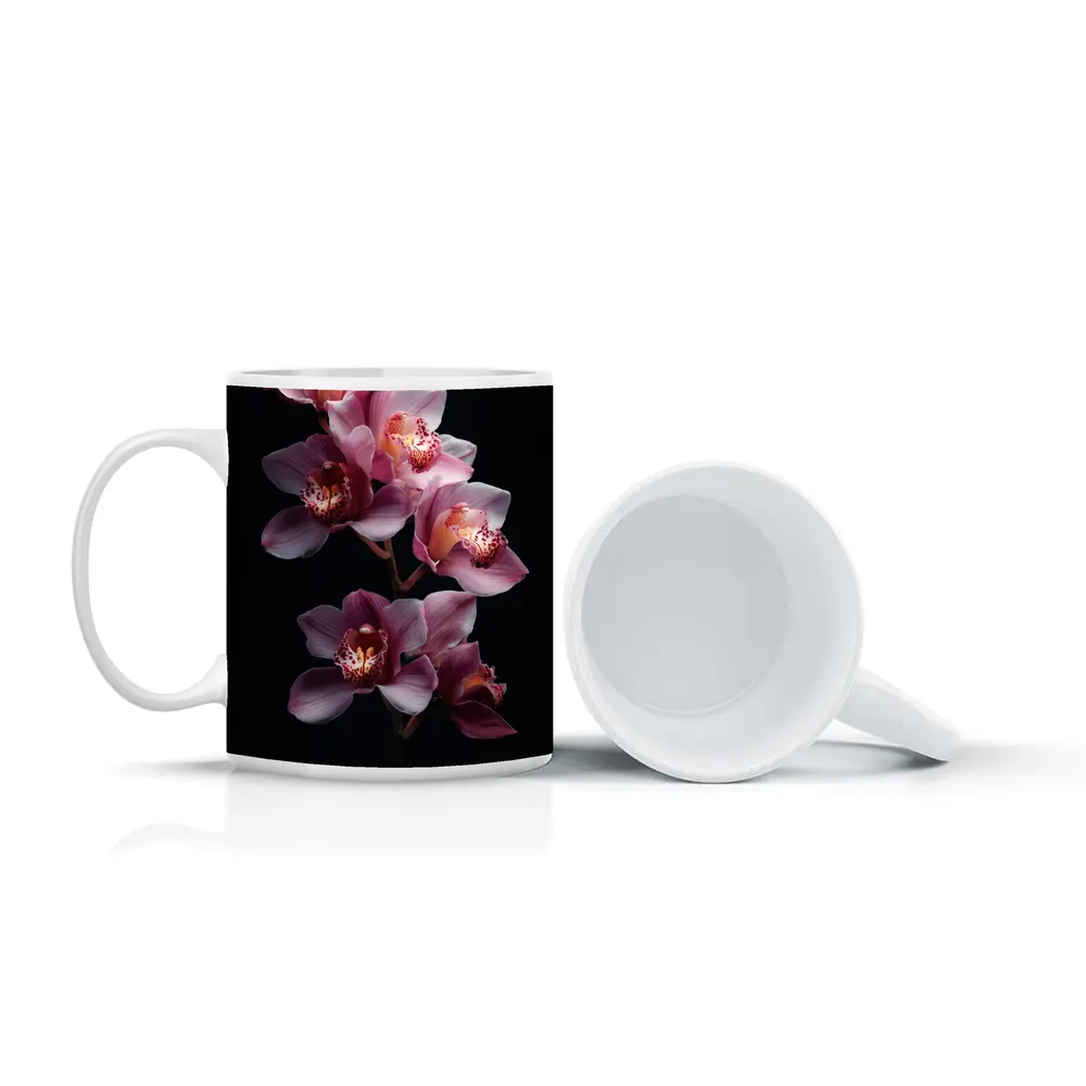 Pink Cymbidium Orchid Flowers Black Background – Mugs