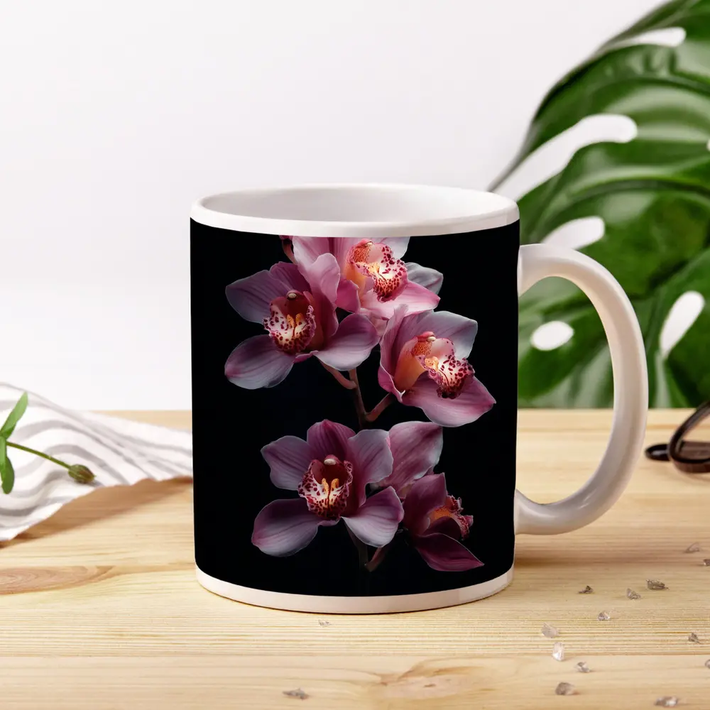 Pink Cymbidium Orchid Flowers Black Background – Mugs