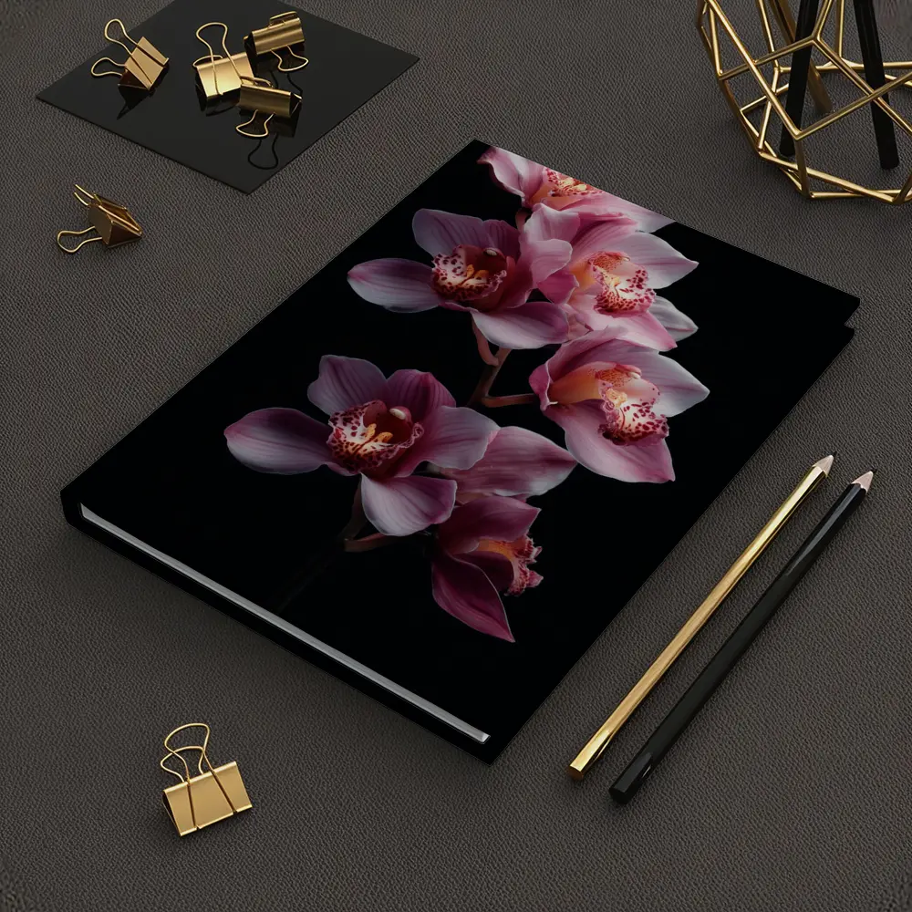 Pink Cymbidium Orchid Flowers Black Background – Notebooks