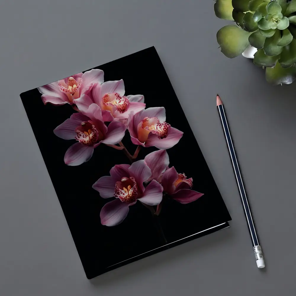 Pink Cymbidium Orchid Flowers Black Background – Notebooks