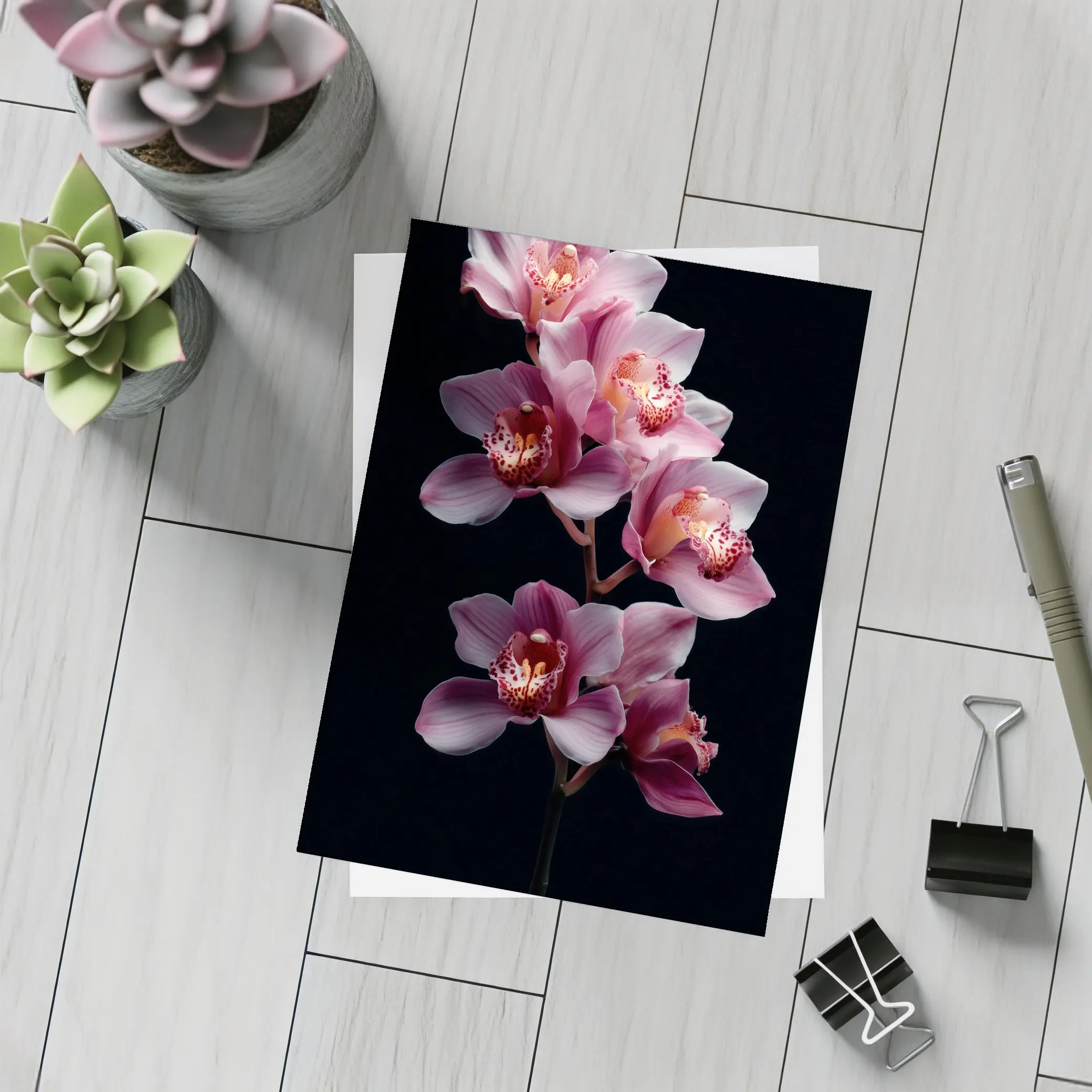 Pink Cymbidium Orchid Flowers Black Background – Postcards