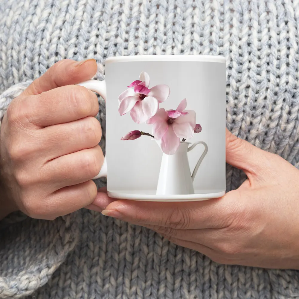 Pink Magnolia Flowers White Ceramic Pitcher – Mugs