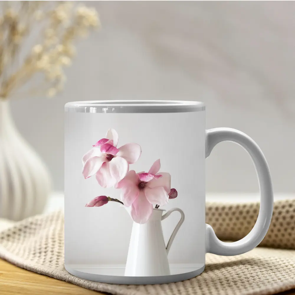 Pink Magnolia Flowers White Ceramic Pitcher – Mugs