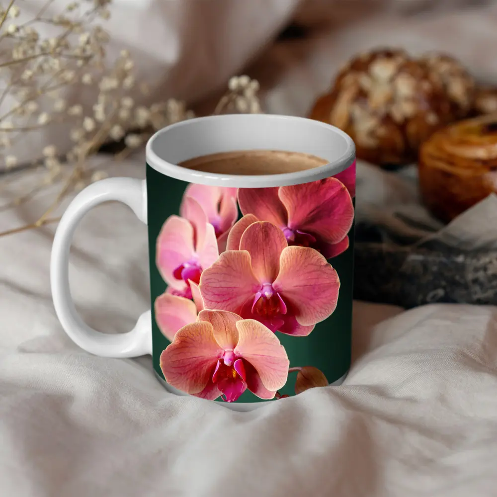 Pink Phalaenopsis Orchid Flowers Dark Green Background – Mugs