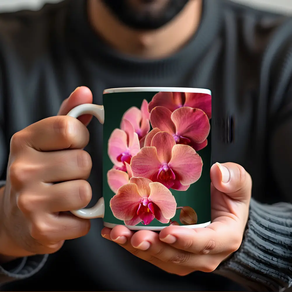 Pink Phalaenopsis Orchid Flowers Dark Green Background – Mugs