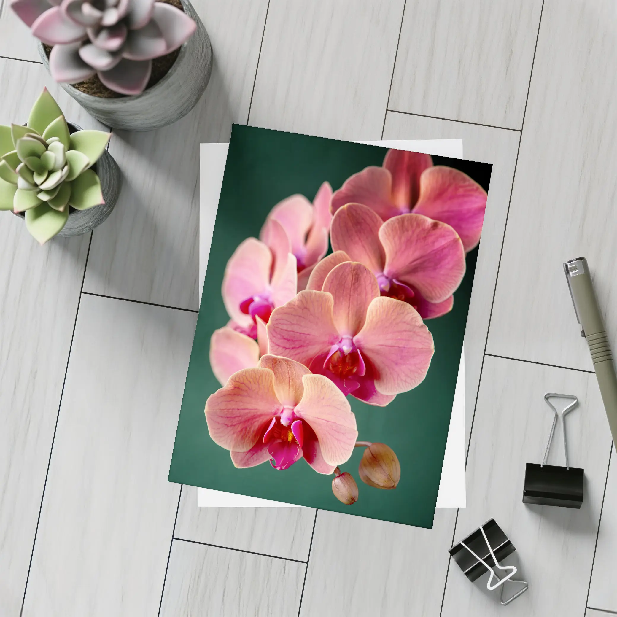 Pink Phalaenopsis Orchid Flowers Dark Green Background – Postcards