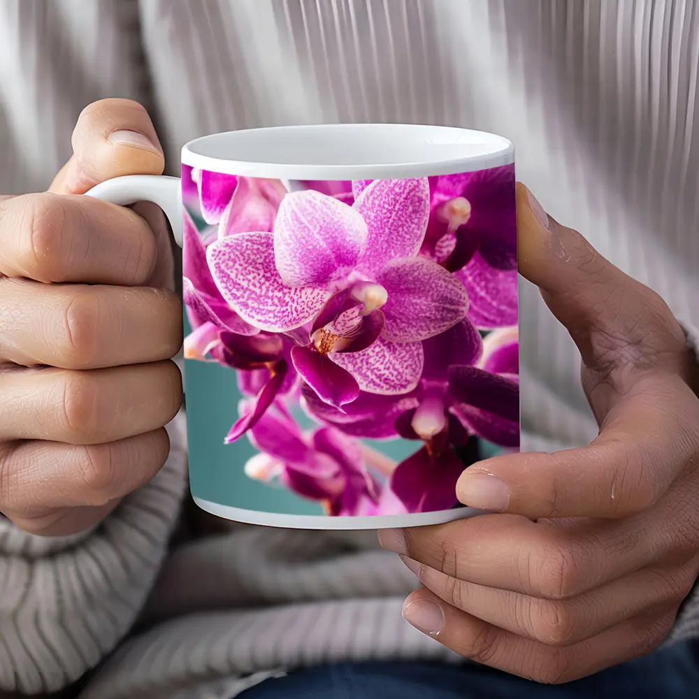 Pink Orchid Flowers on Teal Background – Mugs