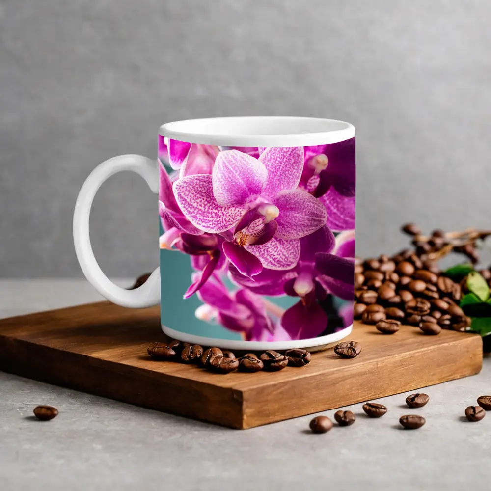 Pink Orchid Flowers on Teal Background – Mugs