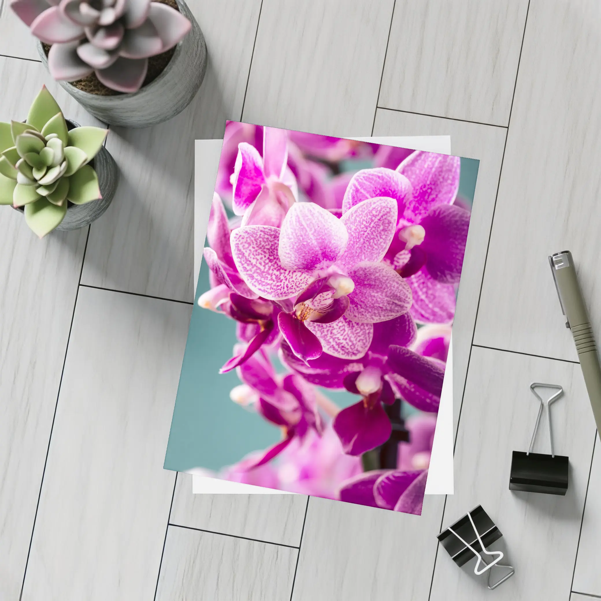 Pink Orchid Flowers on Teal Background – Postcards