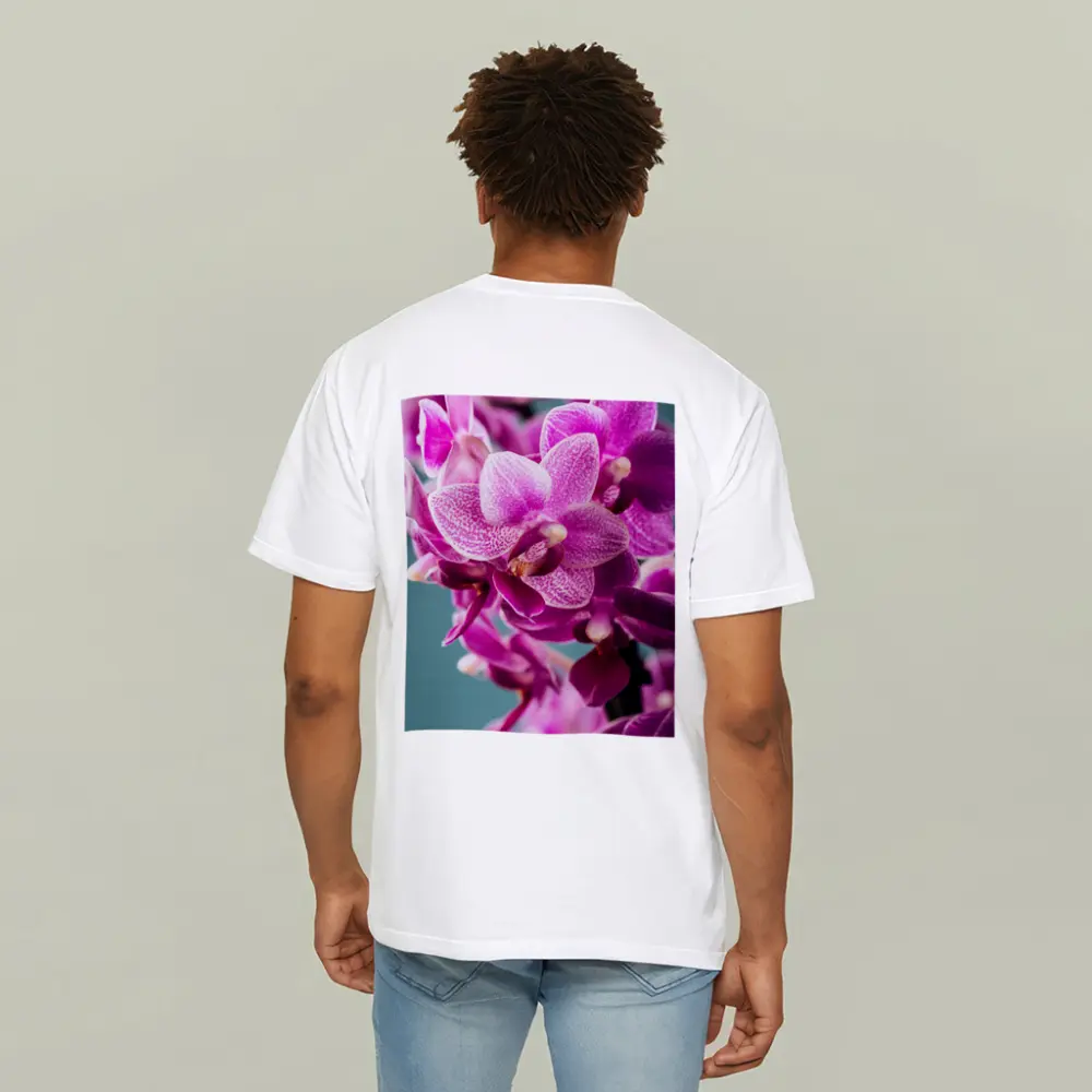 Pink Orchid Flowers on Teal Background – T-Shirts