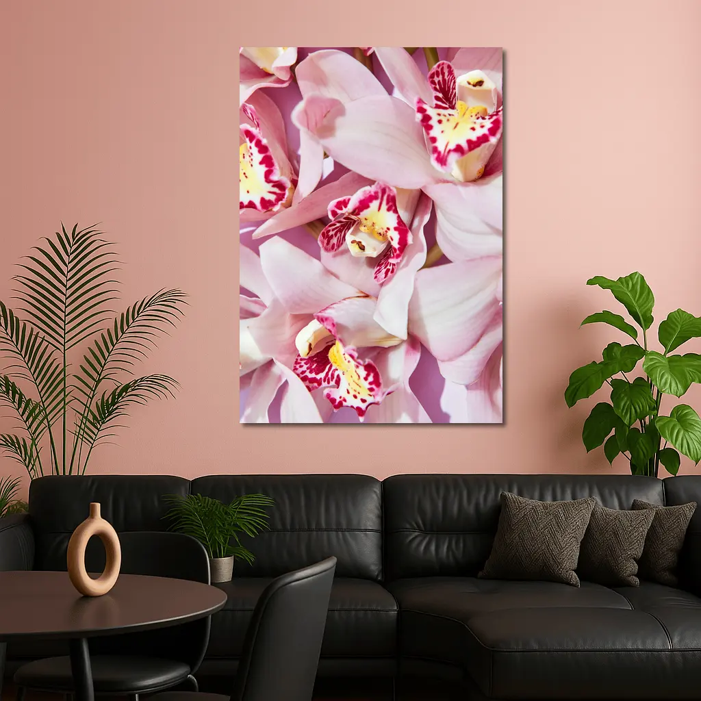 Pink Cymbidium Orchids on Pink Background – Wall Art