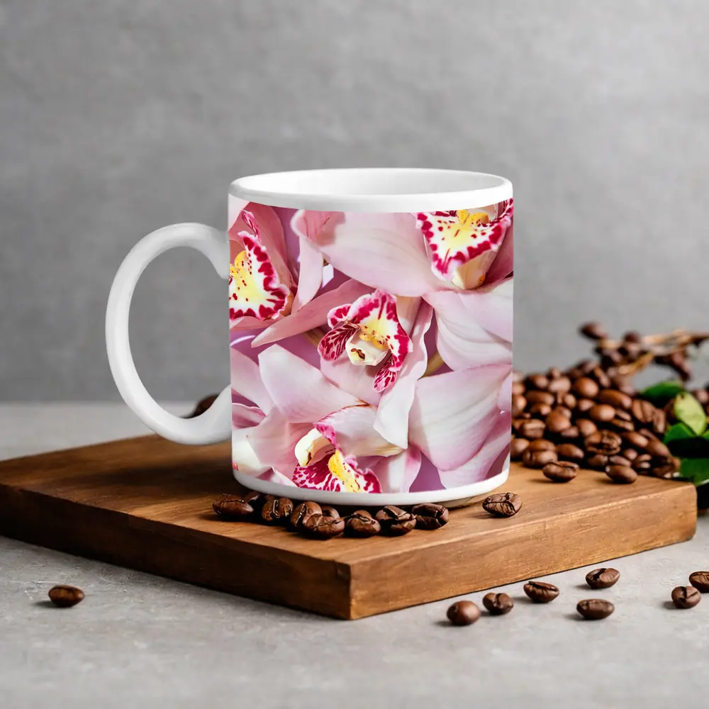 Pink Cymbidium Orchids on Pink Background – Mugs