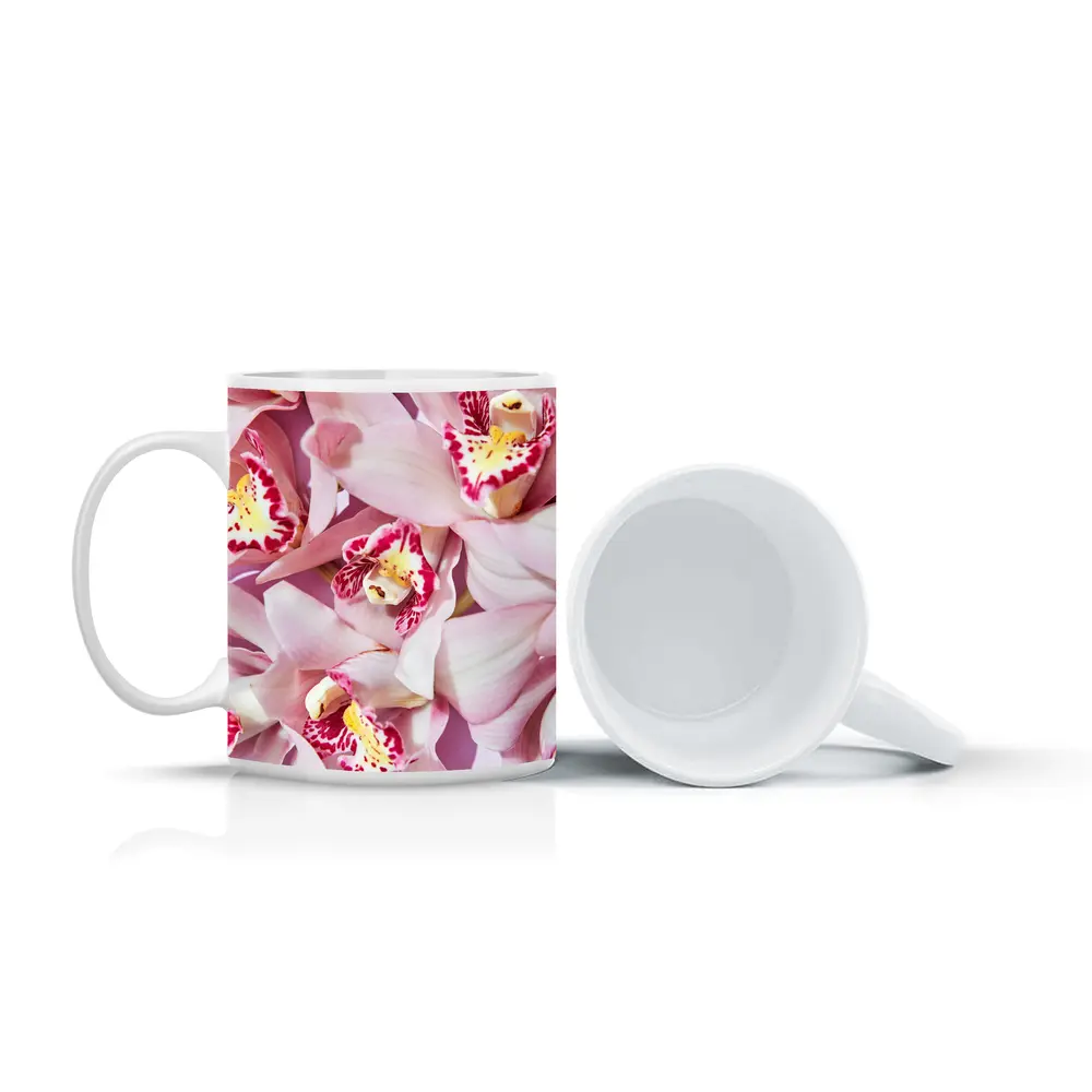 Pink Cymbidium Orchids on Pink Background – Mugs