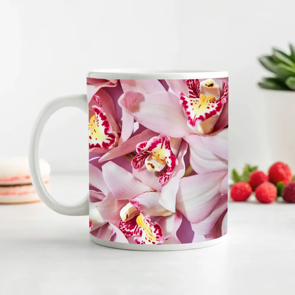 Pink Cymbidium Orchids on Pink Background – Mugs