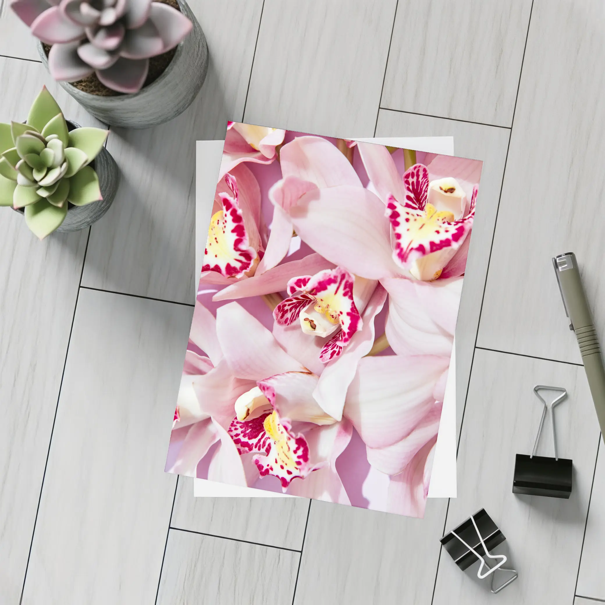 Pink Cymbidium Orchids on Pink Background – Postcards