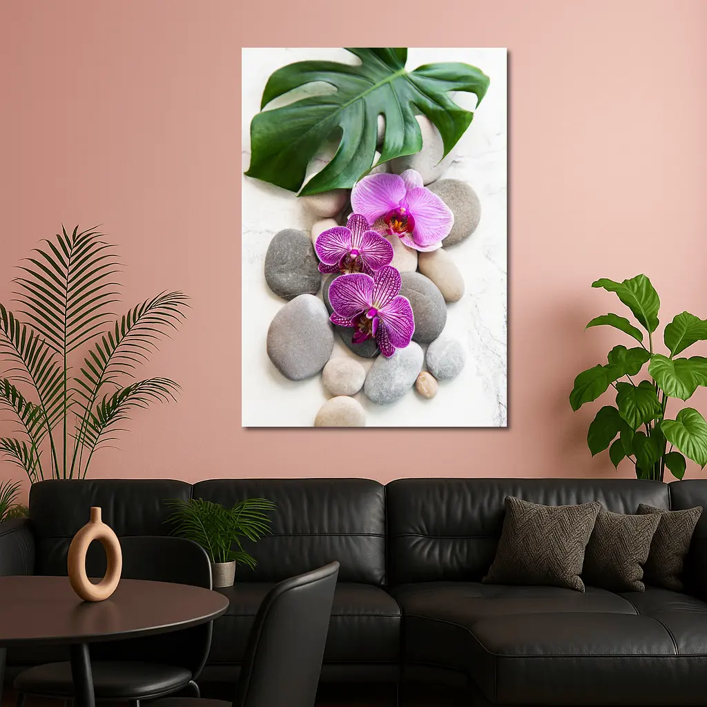 Pink Orchids Monstera Leaf Zen Stones – Wall Art