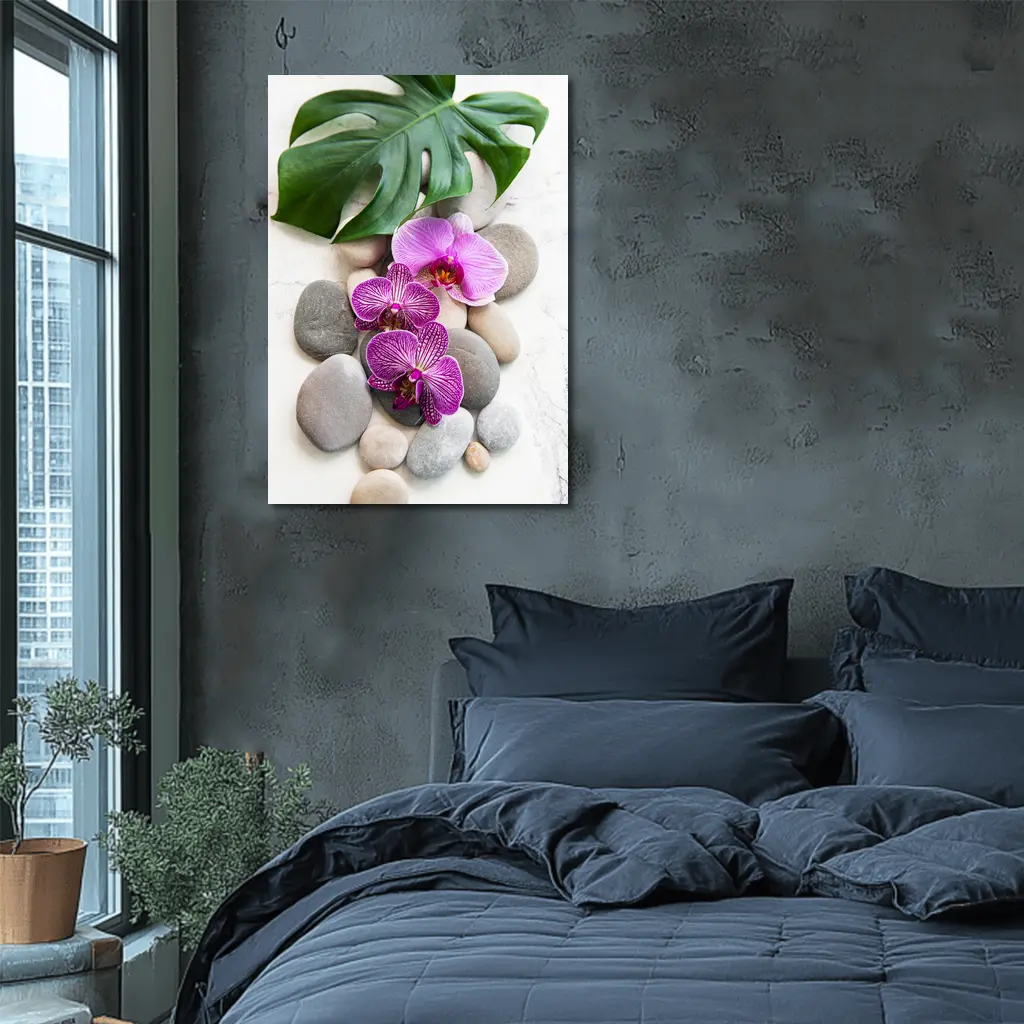 Pink Orchids Monstera Leaf Zen Stones – Wall Art