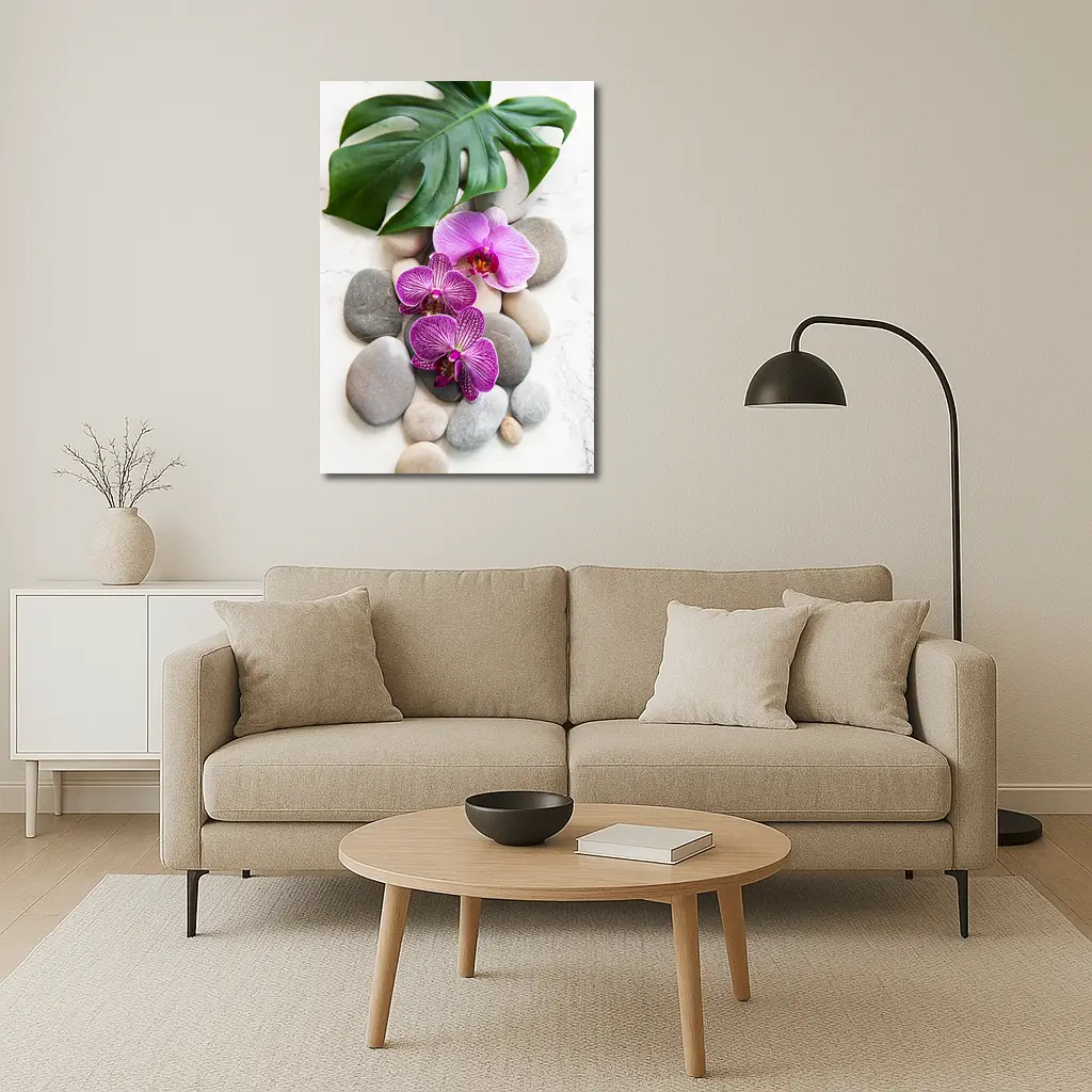 Pink Orchids Monstera Leaf Zen Stones – Wall Art