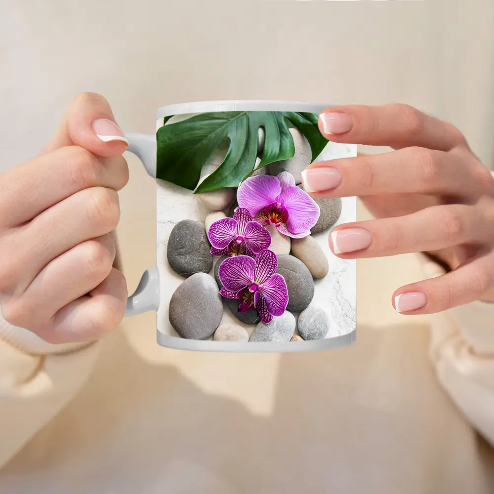 Pink Orchids Monstera Leaf Zen Stones – Mugs