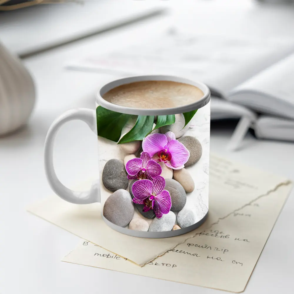 Pink Orchids Monstera Leaf Zen Stones – Mugs