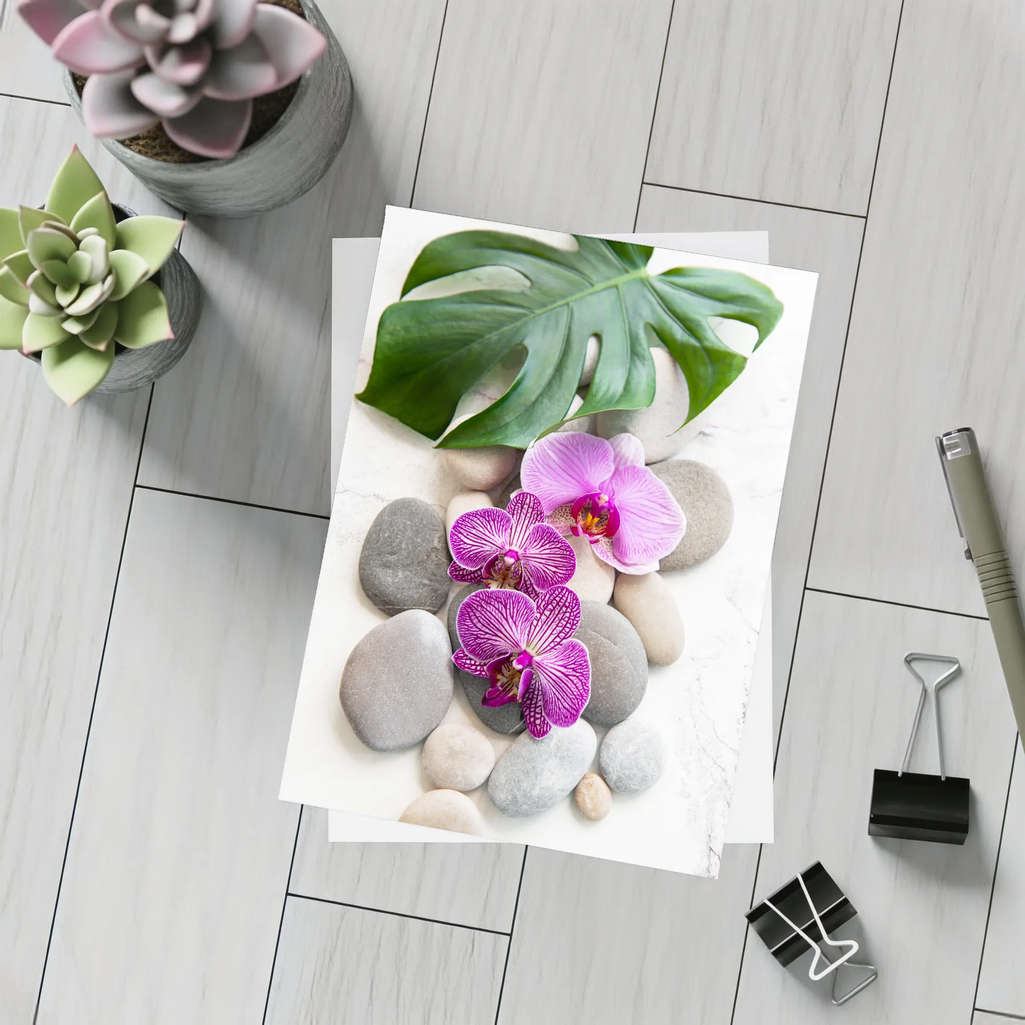 Pink Orchids Monstera Leaf Zen Stones – Postcards