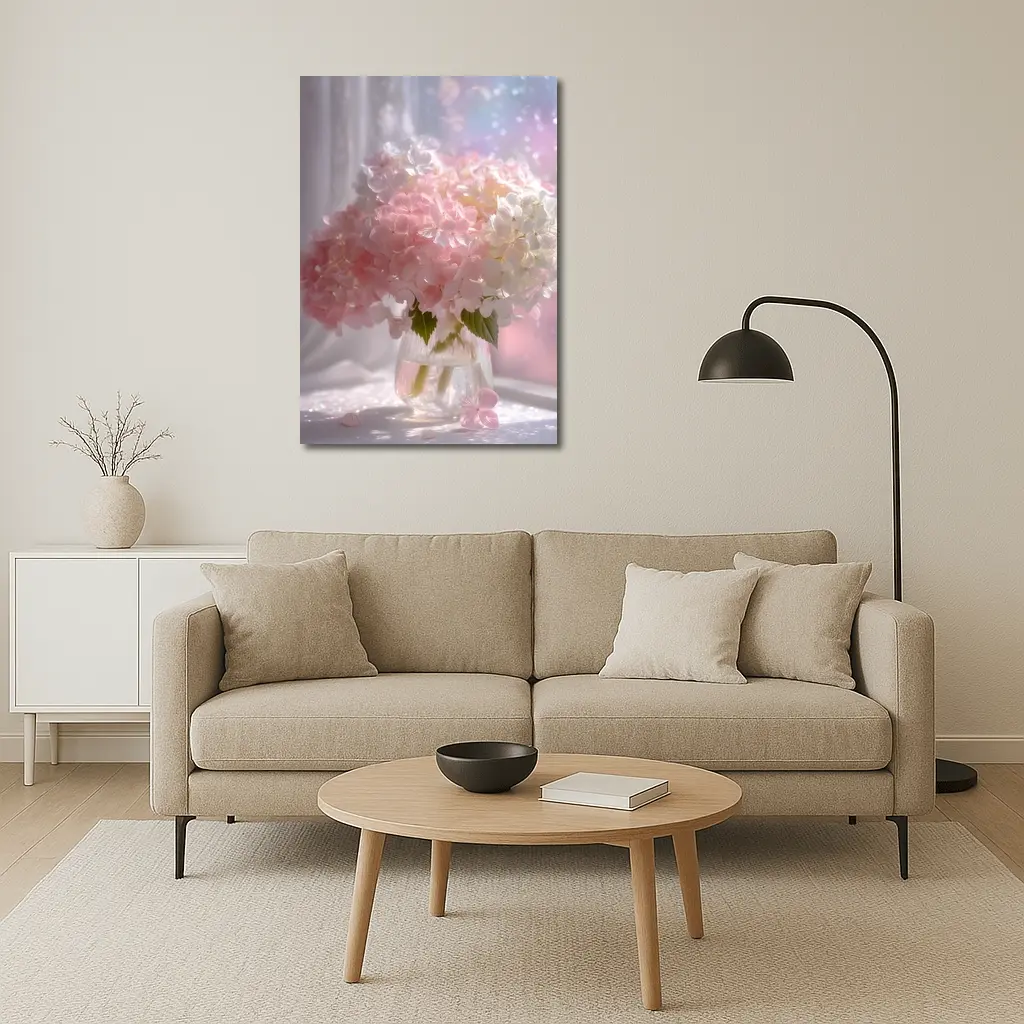Pink White Hydrangeas Glass Vase Window Light – Wall Art