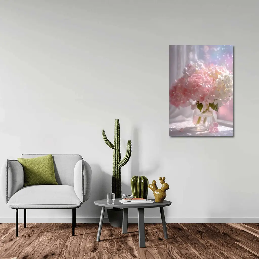 Pink White Hydrangeas Glass Vase Window Light – Wall Art
