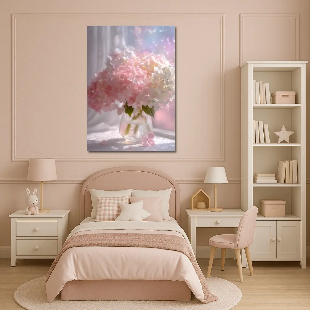 Pink White Hydrangeas Glass Vase Window Light – Wall Art