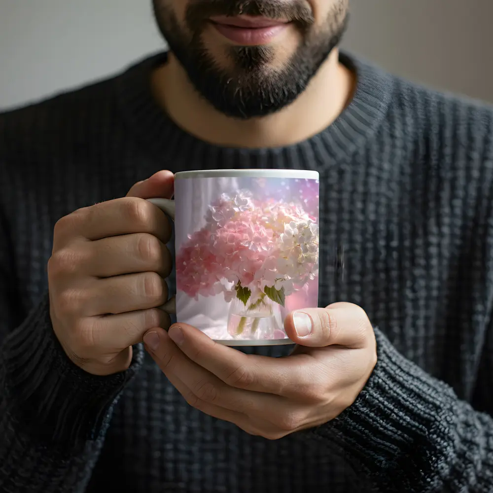 Pink White Hydrangeas Glass Vase Window Light – Mugs