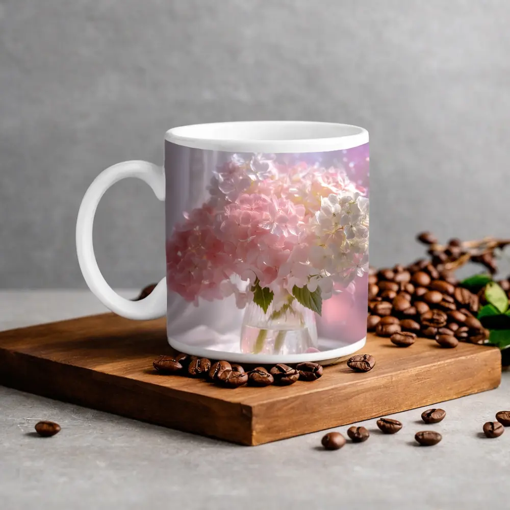 Pink White Hydrangeas Glass Vase Window Light – Mugs