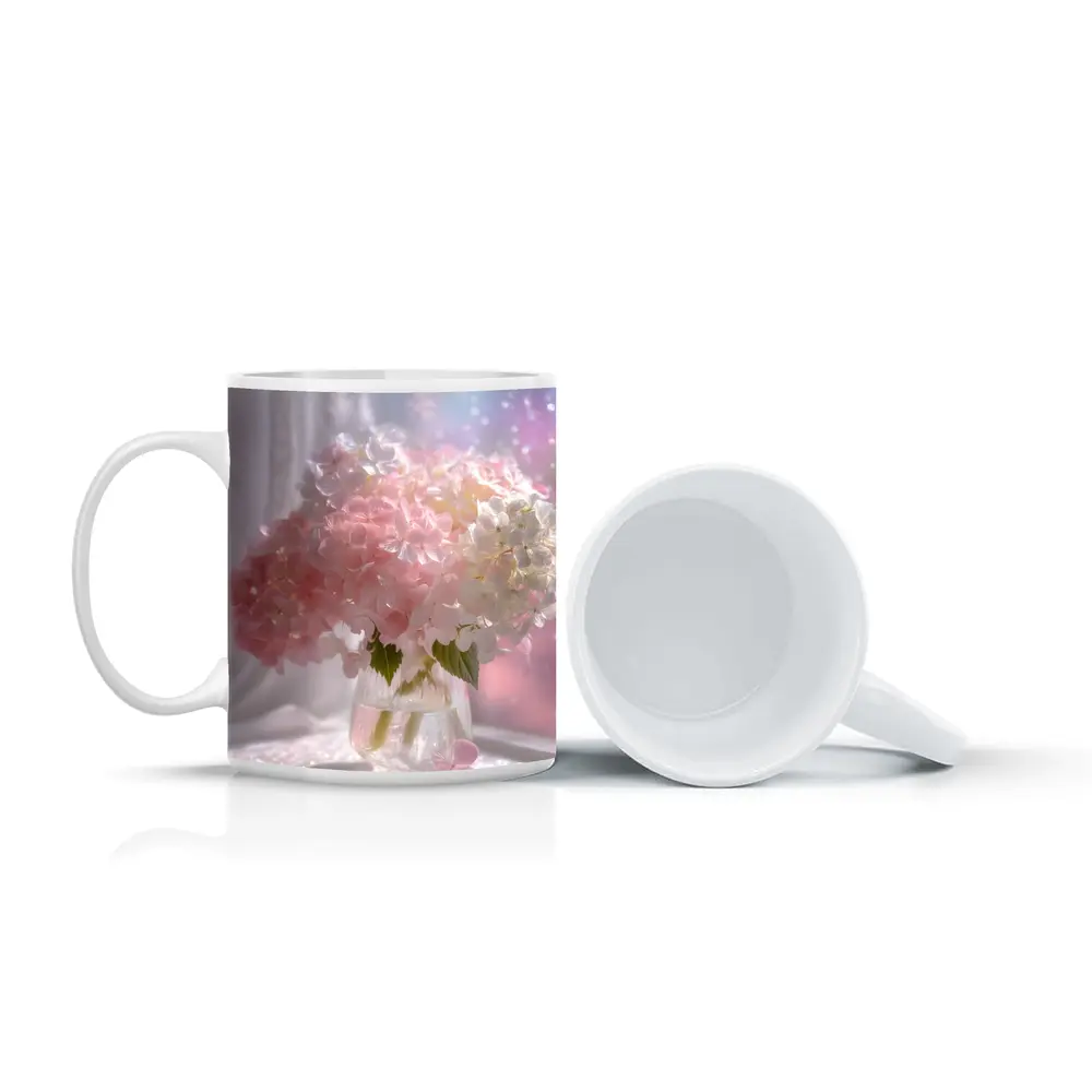 Pink White Hydrangeas Glass Vase Window Light – Mugs