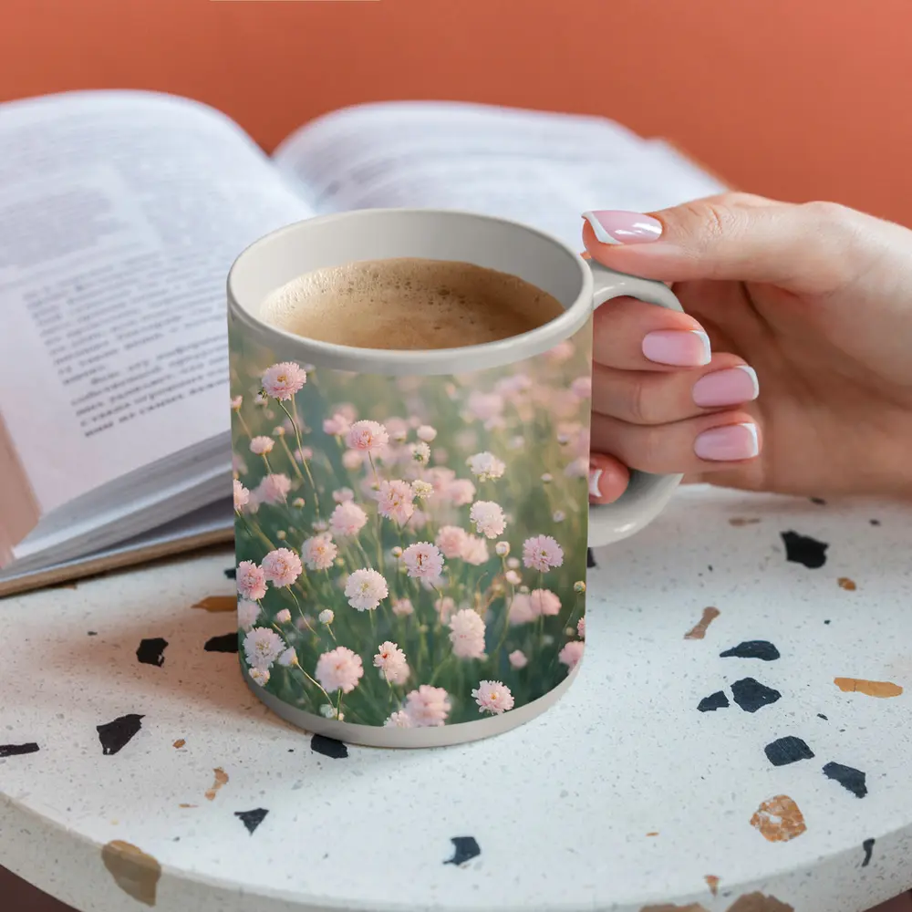 Pink Wildflowers Soft Dreamy Field Background – Mugs