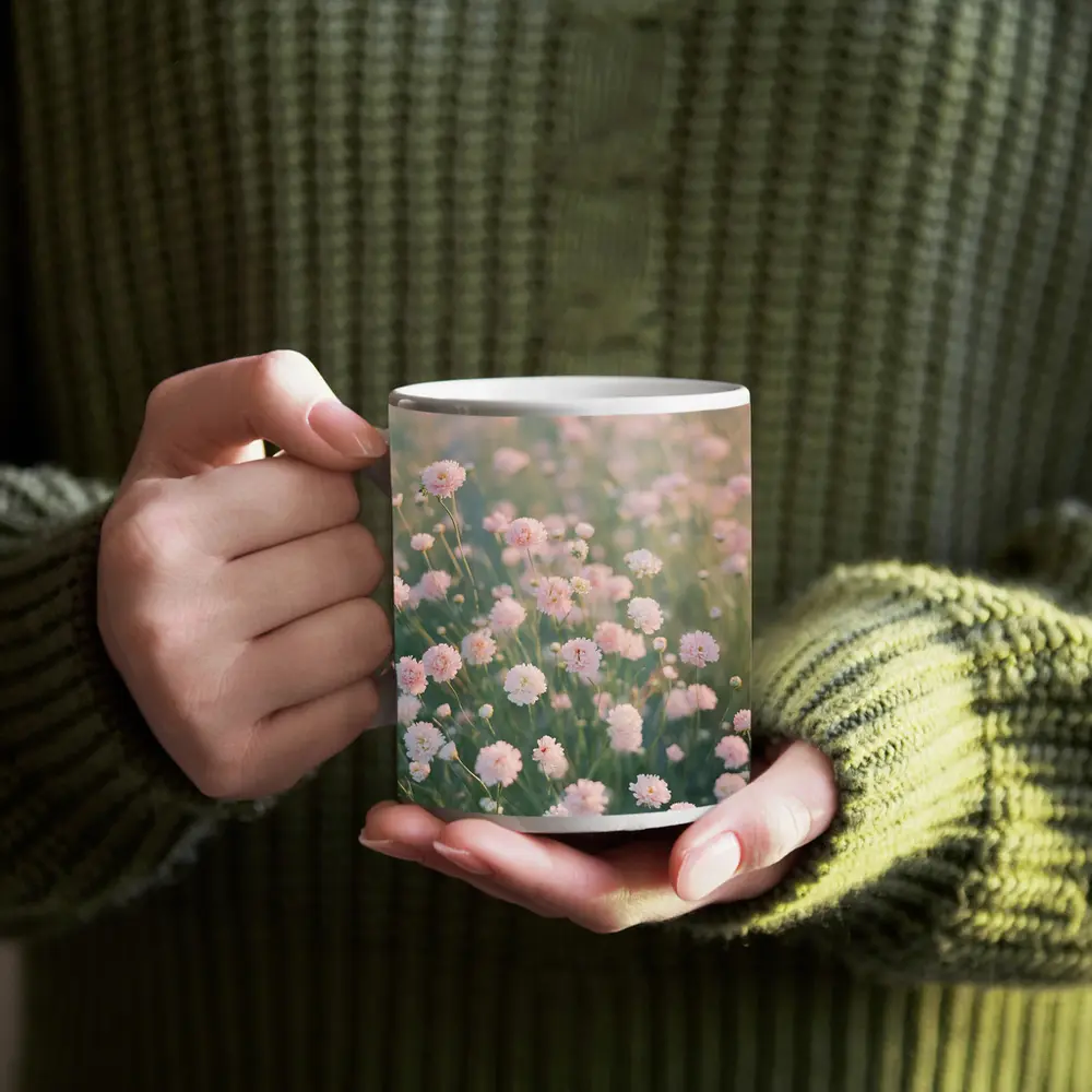 Pink Wildflowers Soft Dreamy Field Background – Mugs