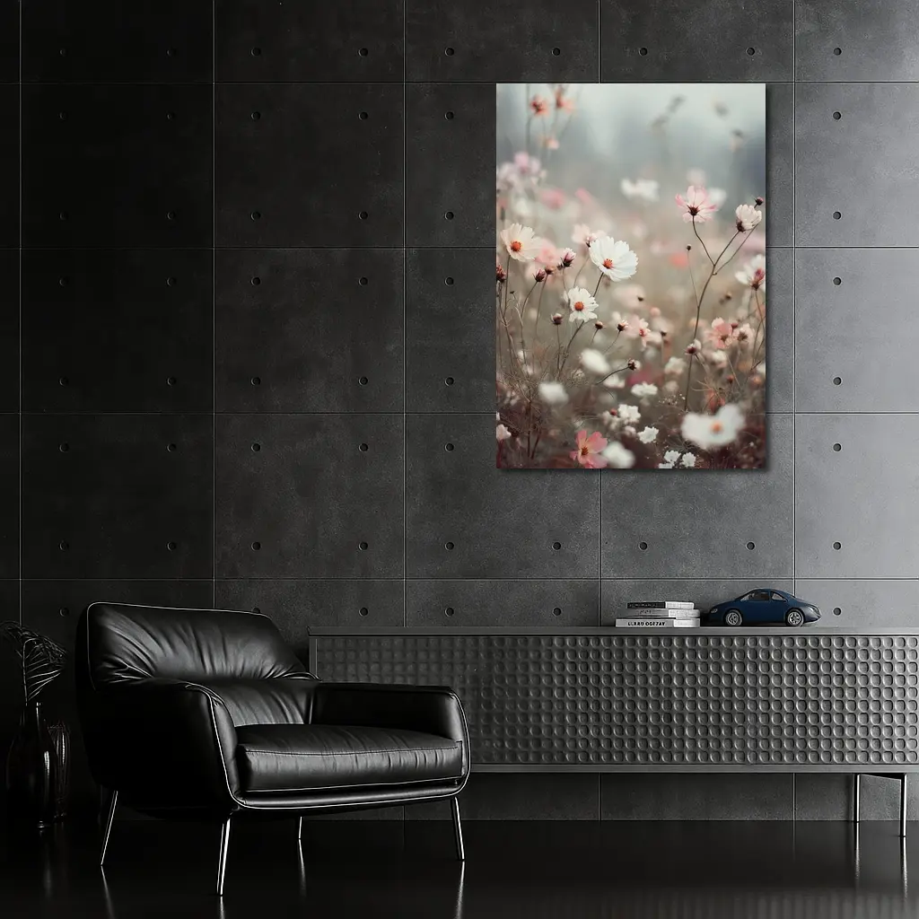Pink White Cosmos Flowers Misty Field – Wall Art