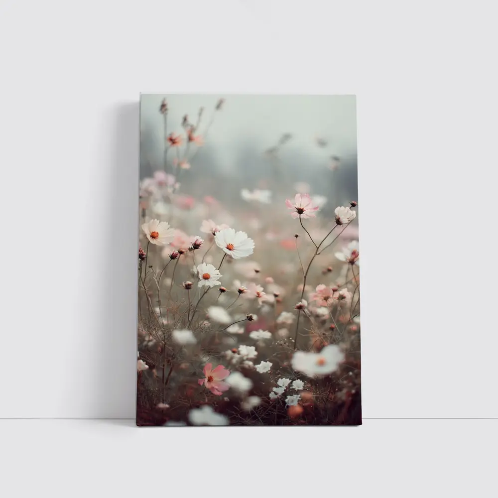 Pink White Cosmos Flowers Misty Field – Wall Art
