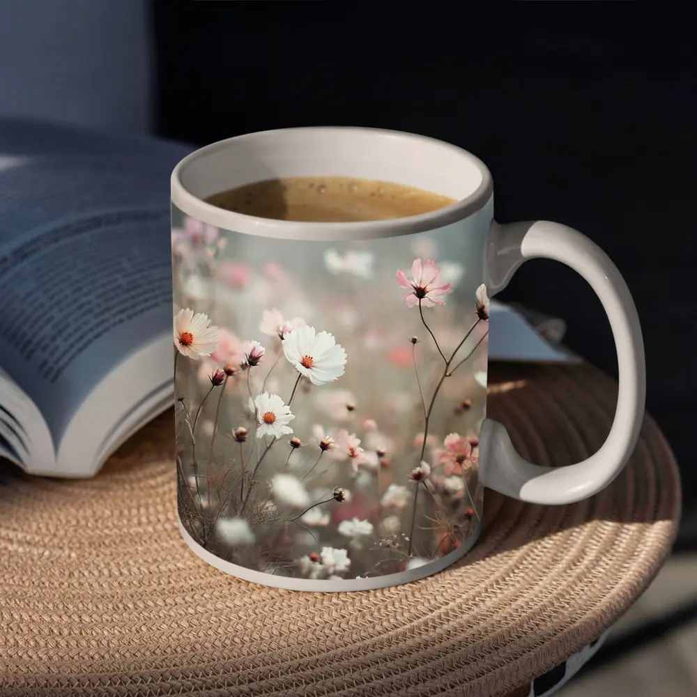 Pink White Cosmos Flowers Misty Field – Mugs