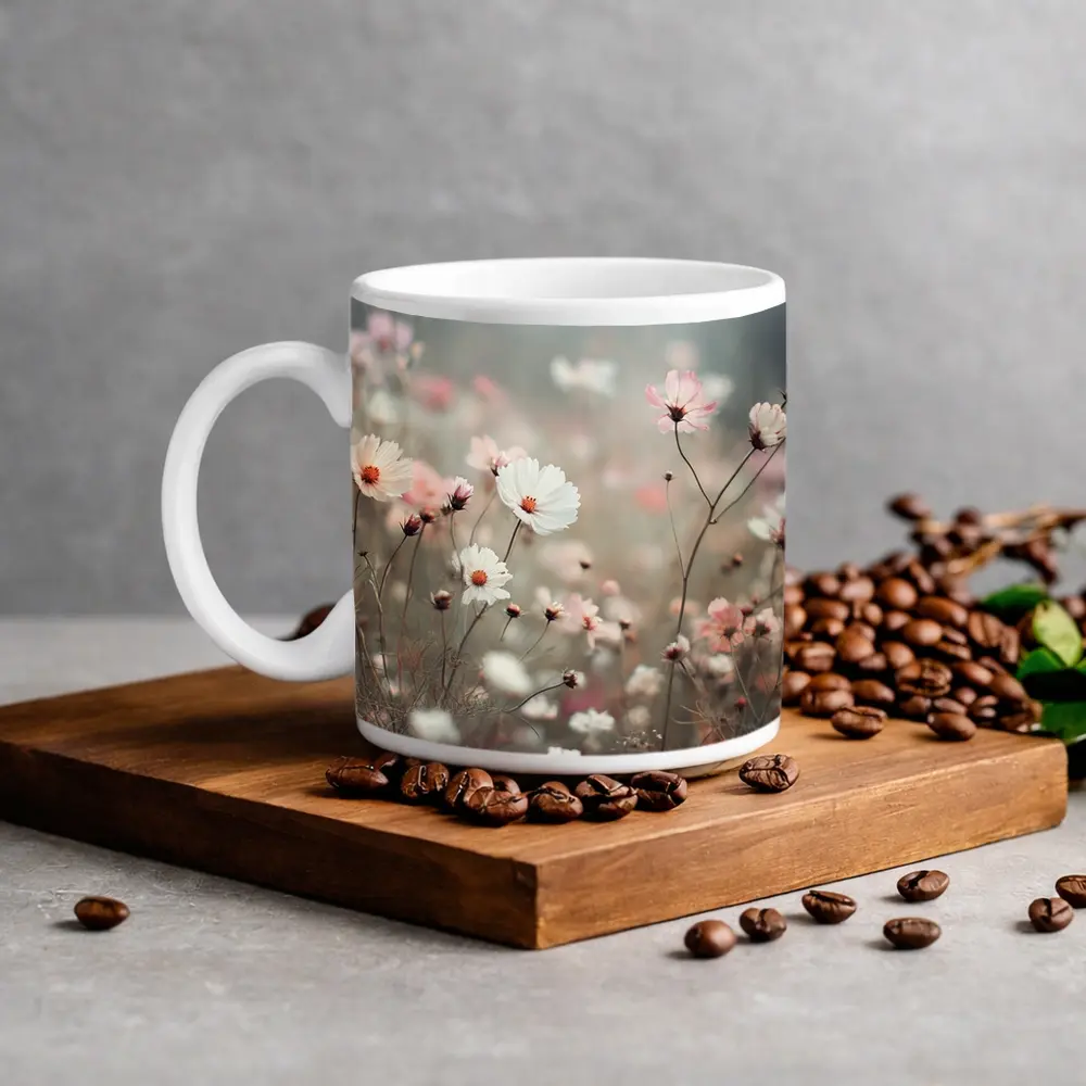 Pink White Cosmos Flowers Misty Field – Mugs
