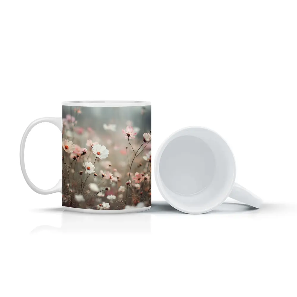 Pink White Cosmos Flowers Misty Field – Mugs