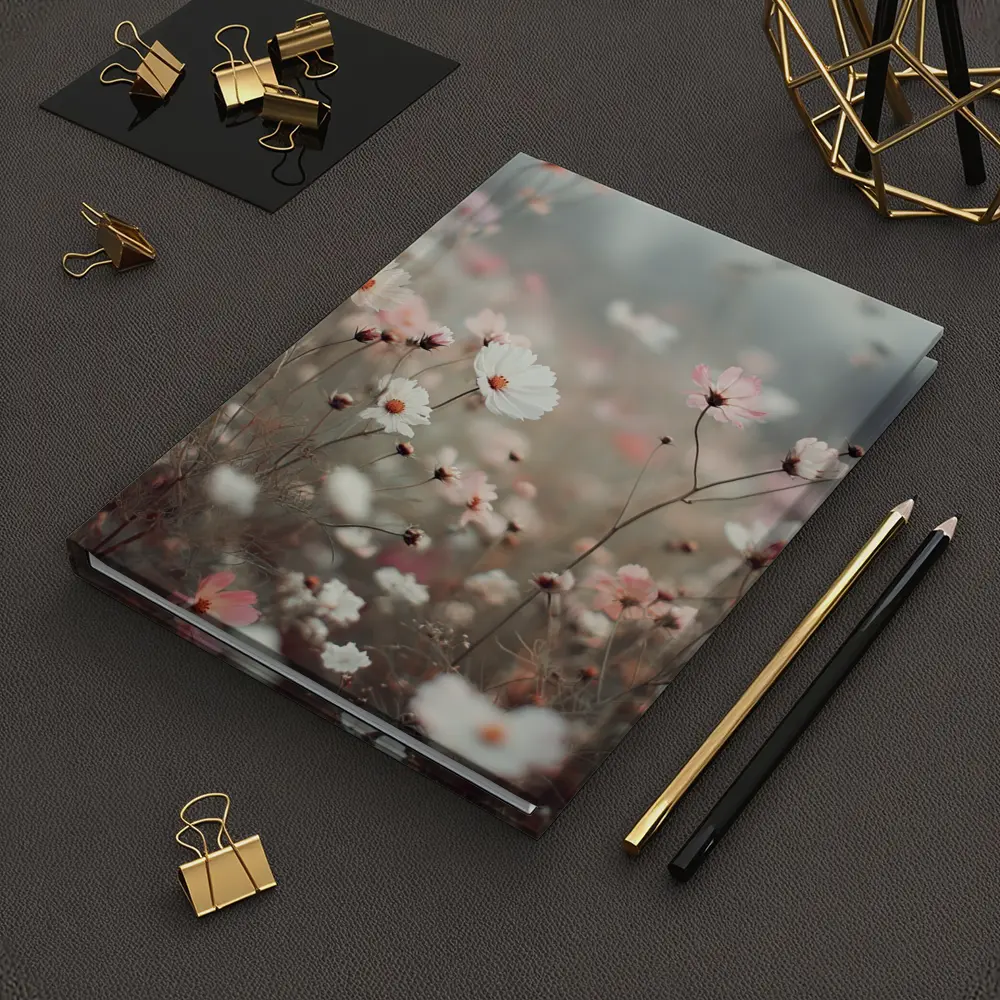 Pink White Cosmos Flowers Misty Field – Notebooks
