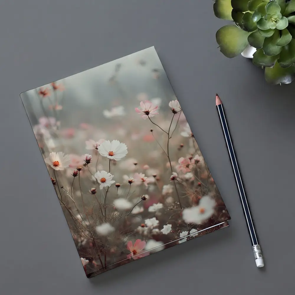 Pink White Cosmos Flowers Misty Field – Notebooks
