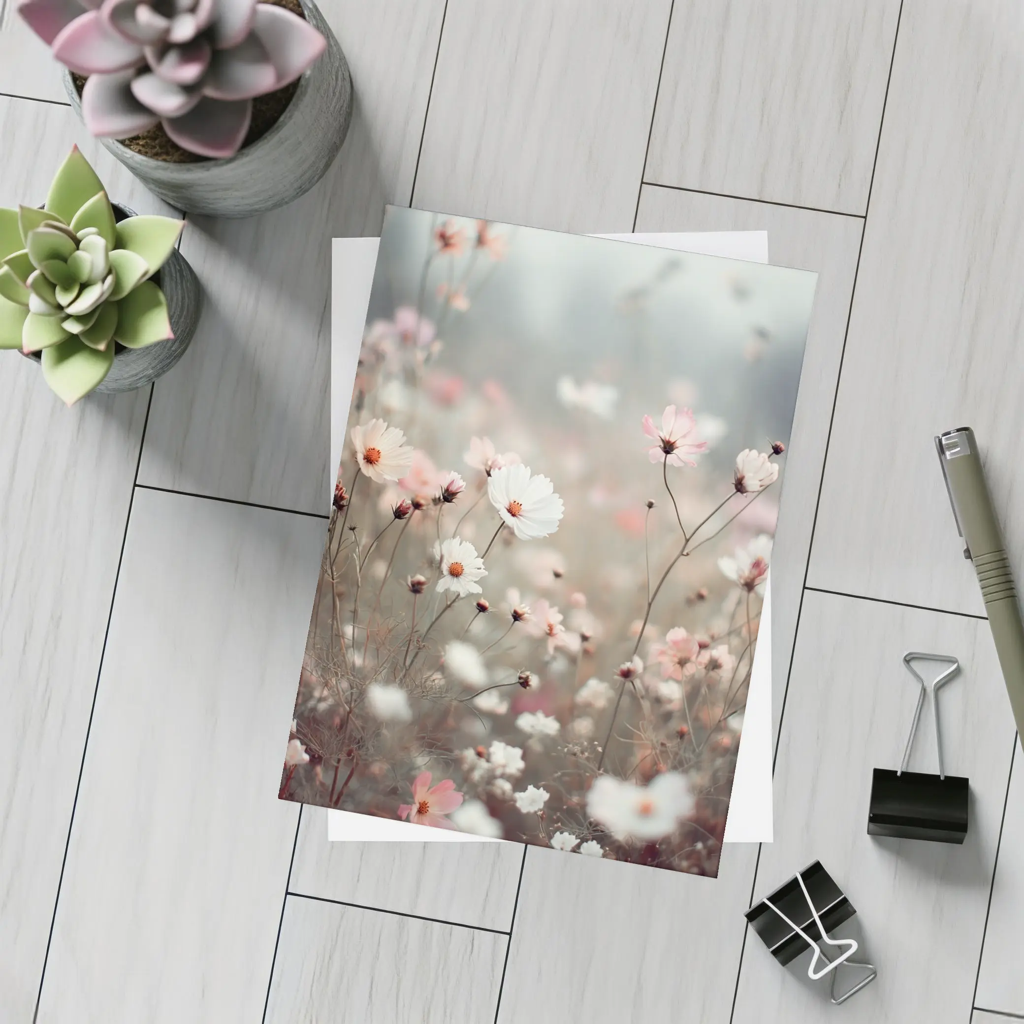 Pink White Cosmos Flowers Misty Field – Postcards