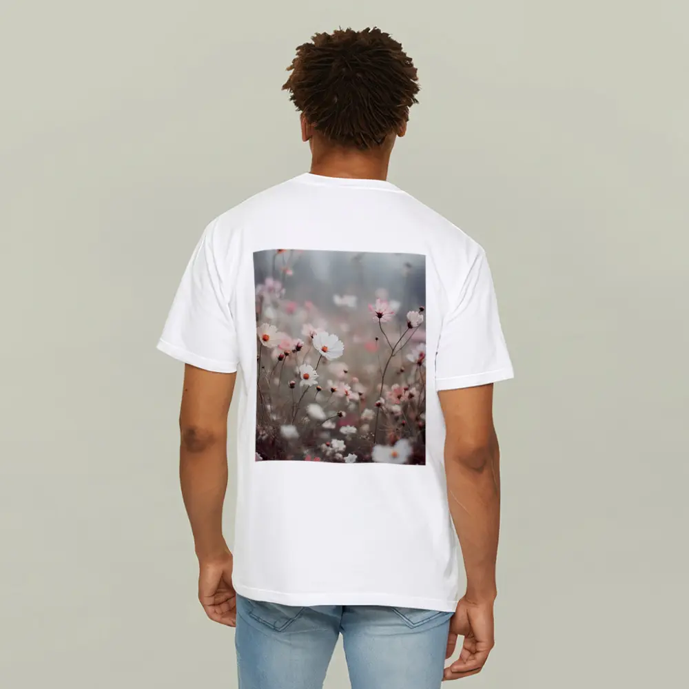 Pink White Cosmos Flowers Misty Field – T-Shirts