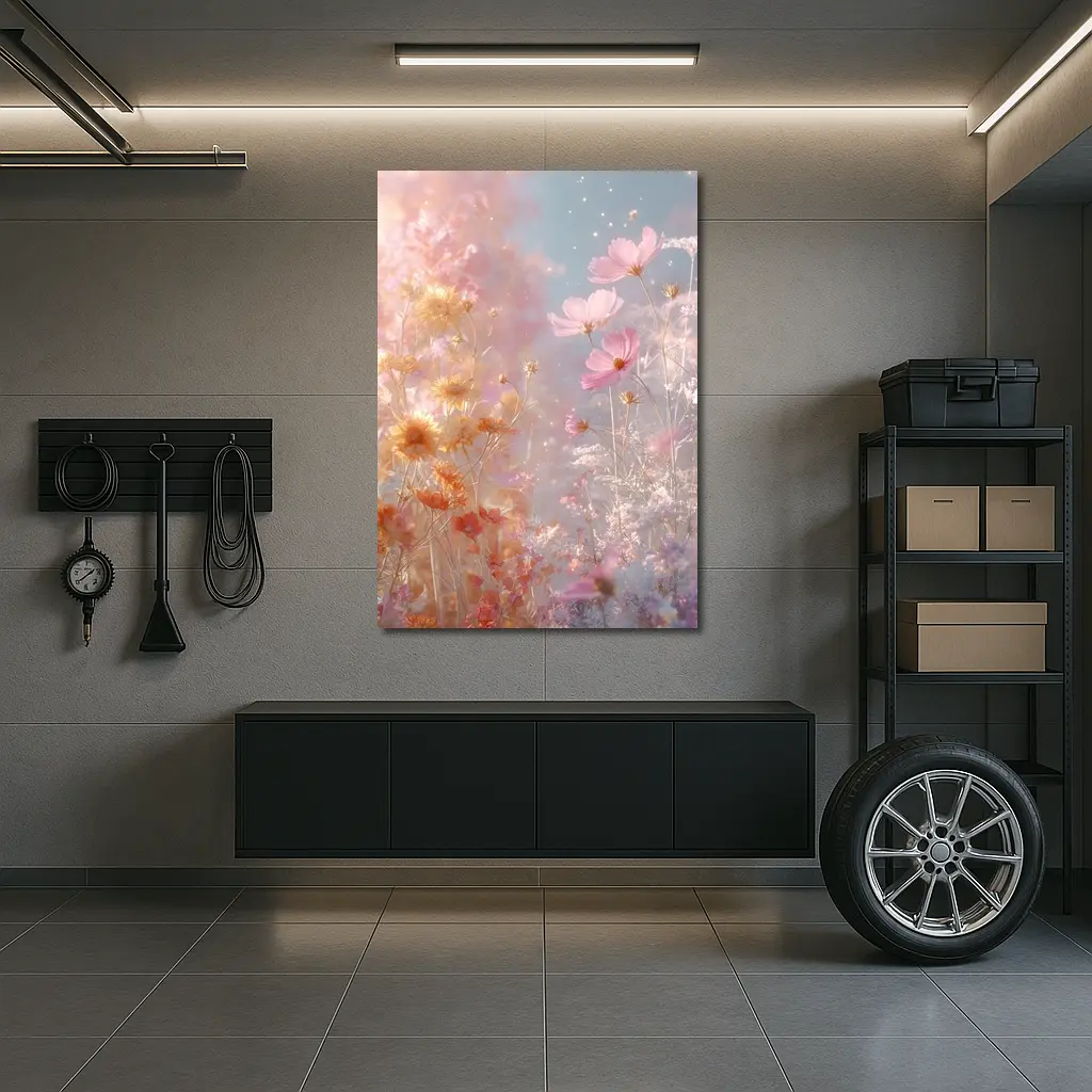 Pink Cosmos Flowers Dreamy Pastel Sky – Wall Art