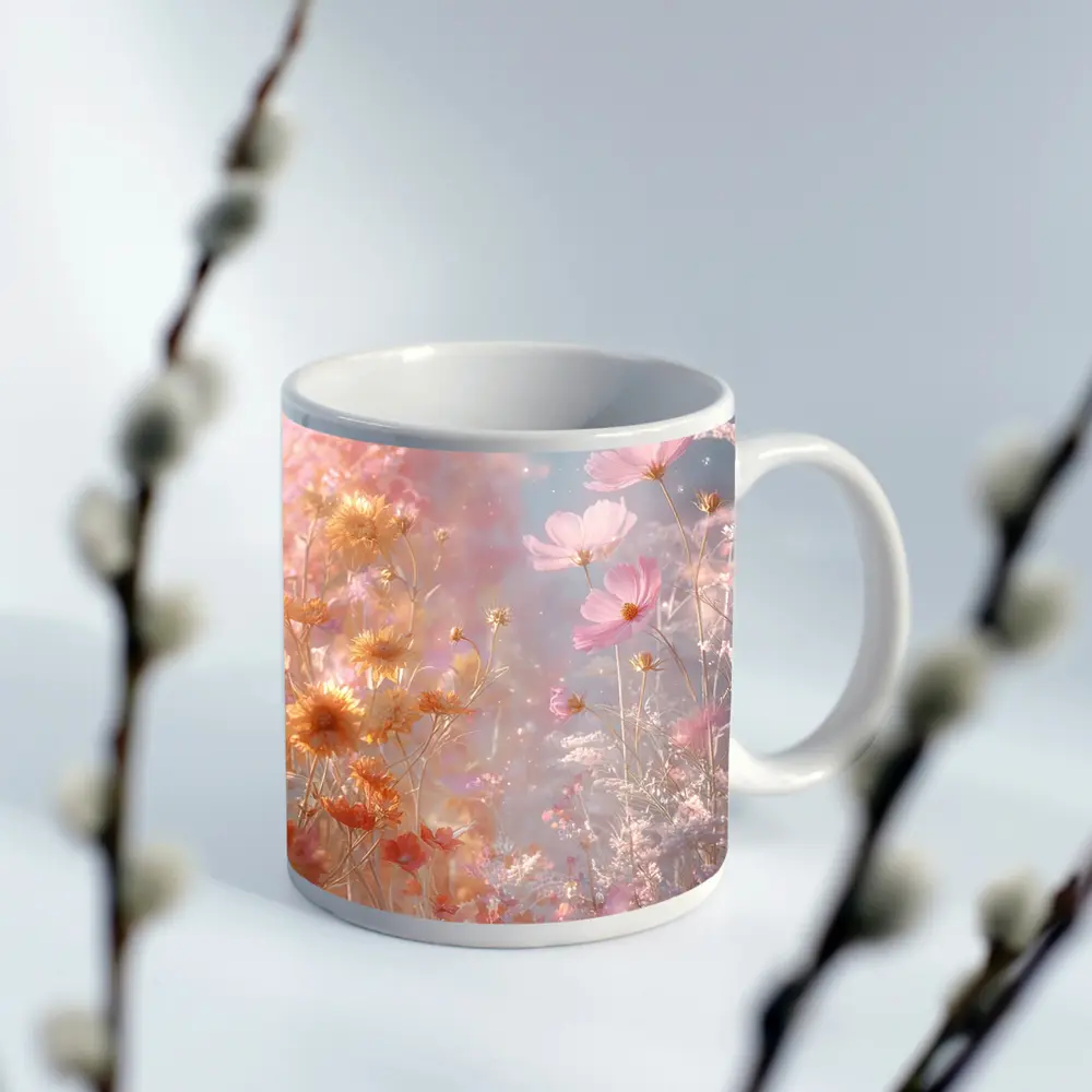 Pink Cosmos Flowers Dreamy Pastel Sky – Mugs