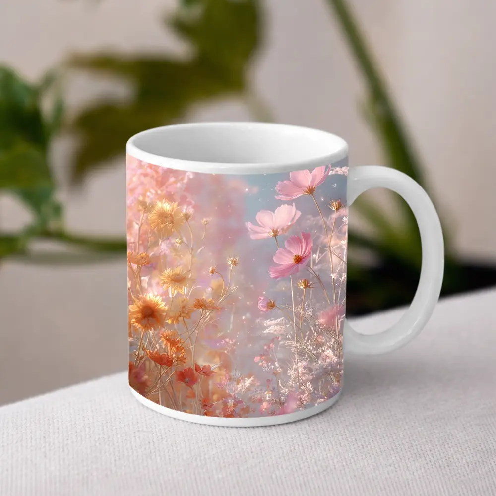 Pink Cosmos Flowers Dreamy Pastel Sky – Mugs